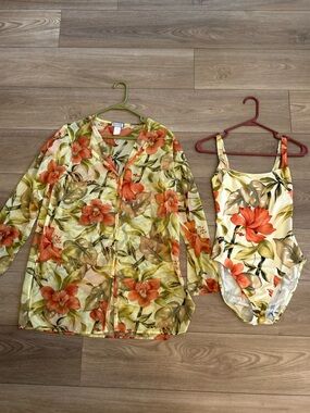 Y2K Ocean Pacific Tropical Hibiscus Swimsuit & Sheer Cover Up Set Size 8 Resort